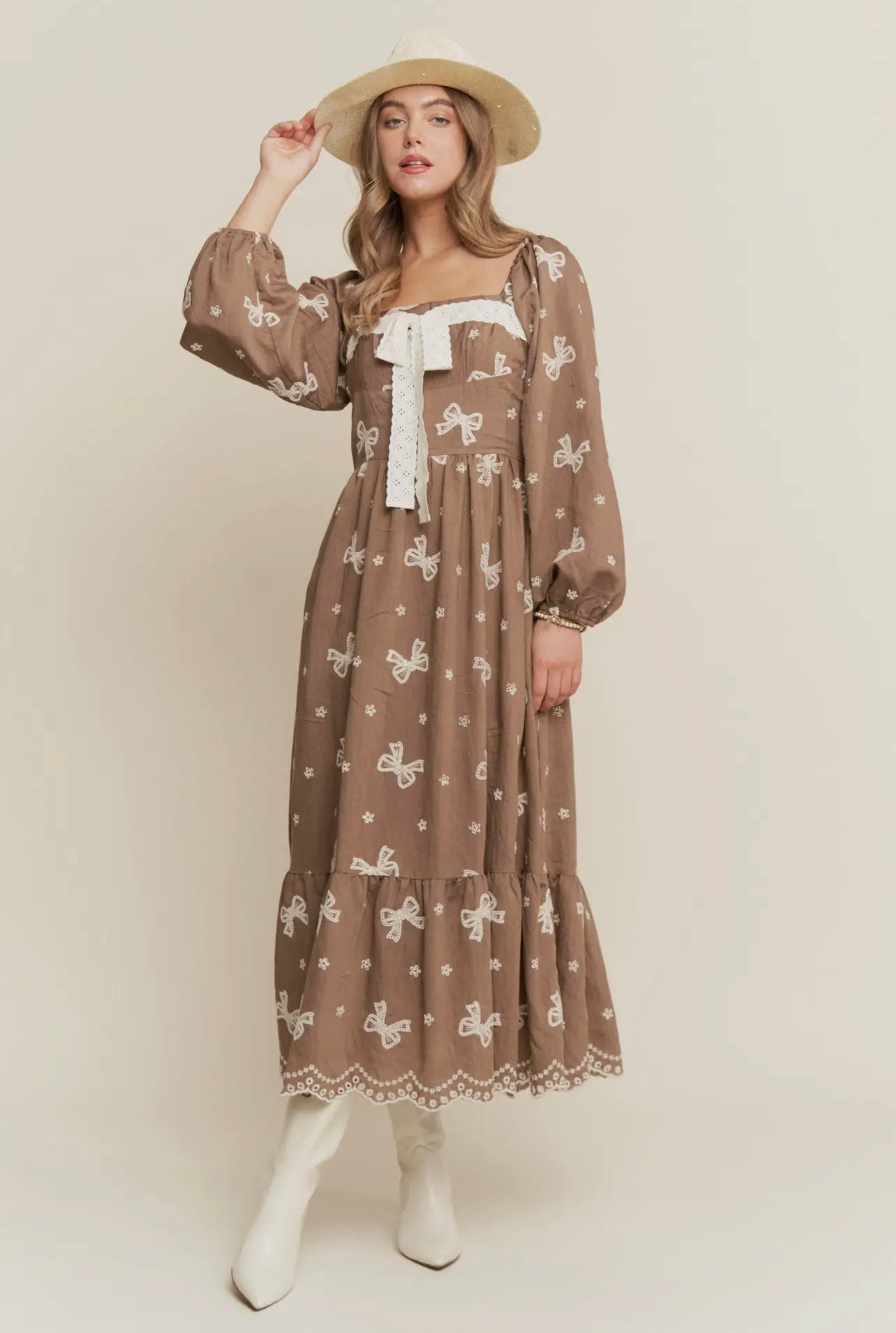 Autumn Embroidered Bow Maxi Dress