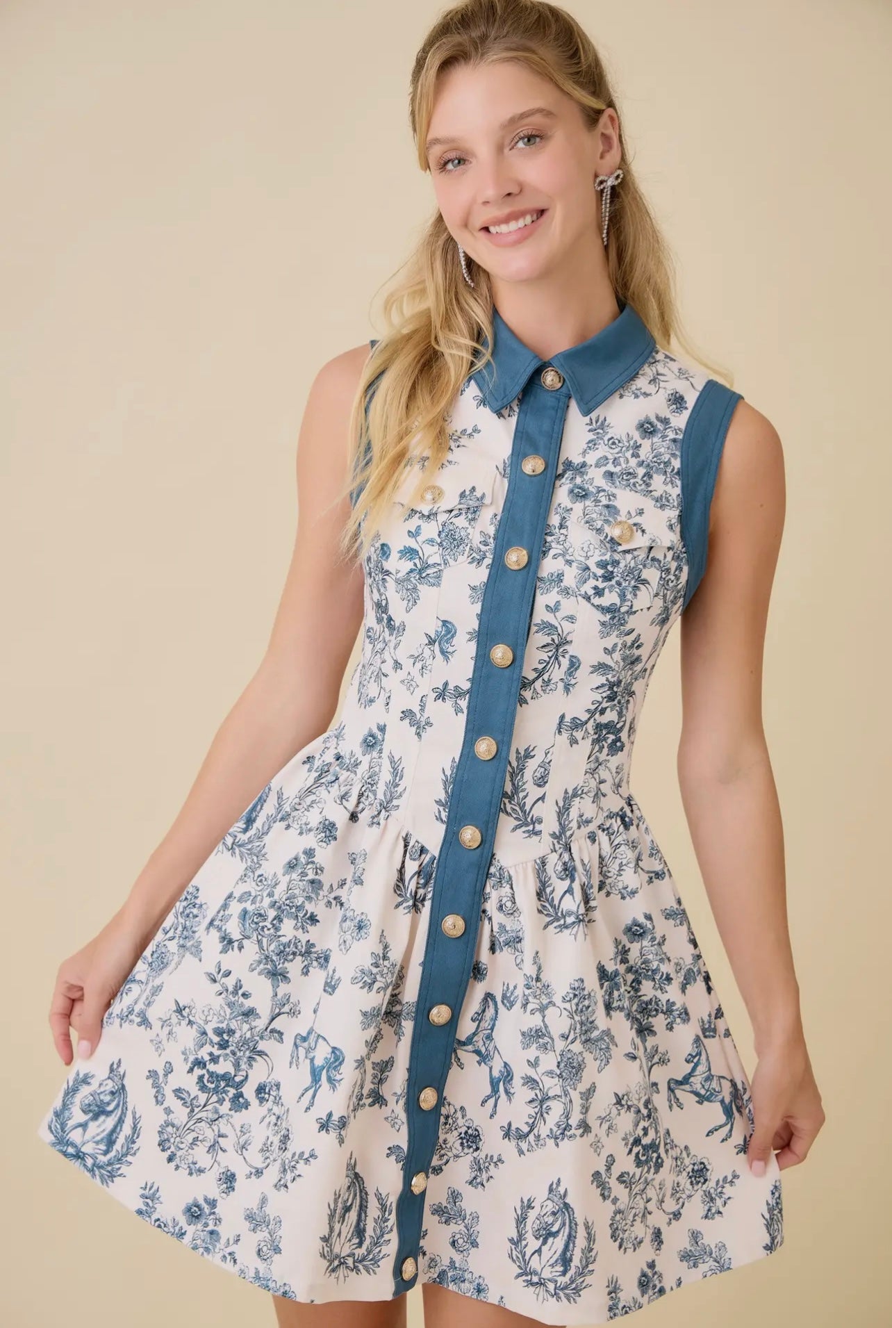 Taylor Vintage Horse Toile Print Denim Mini Dress