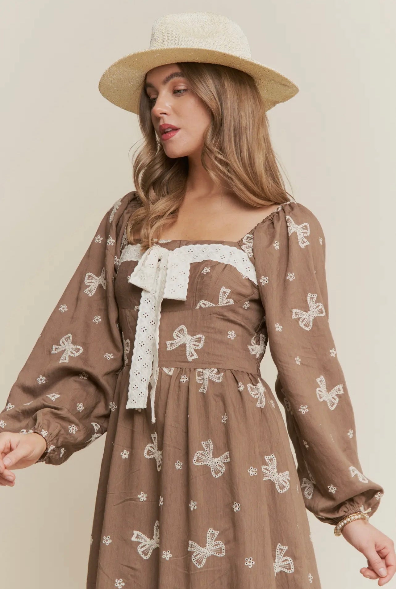 Autumn Embroidered Bow Maxi Dress