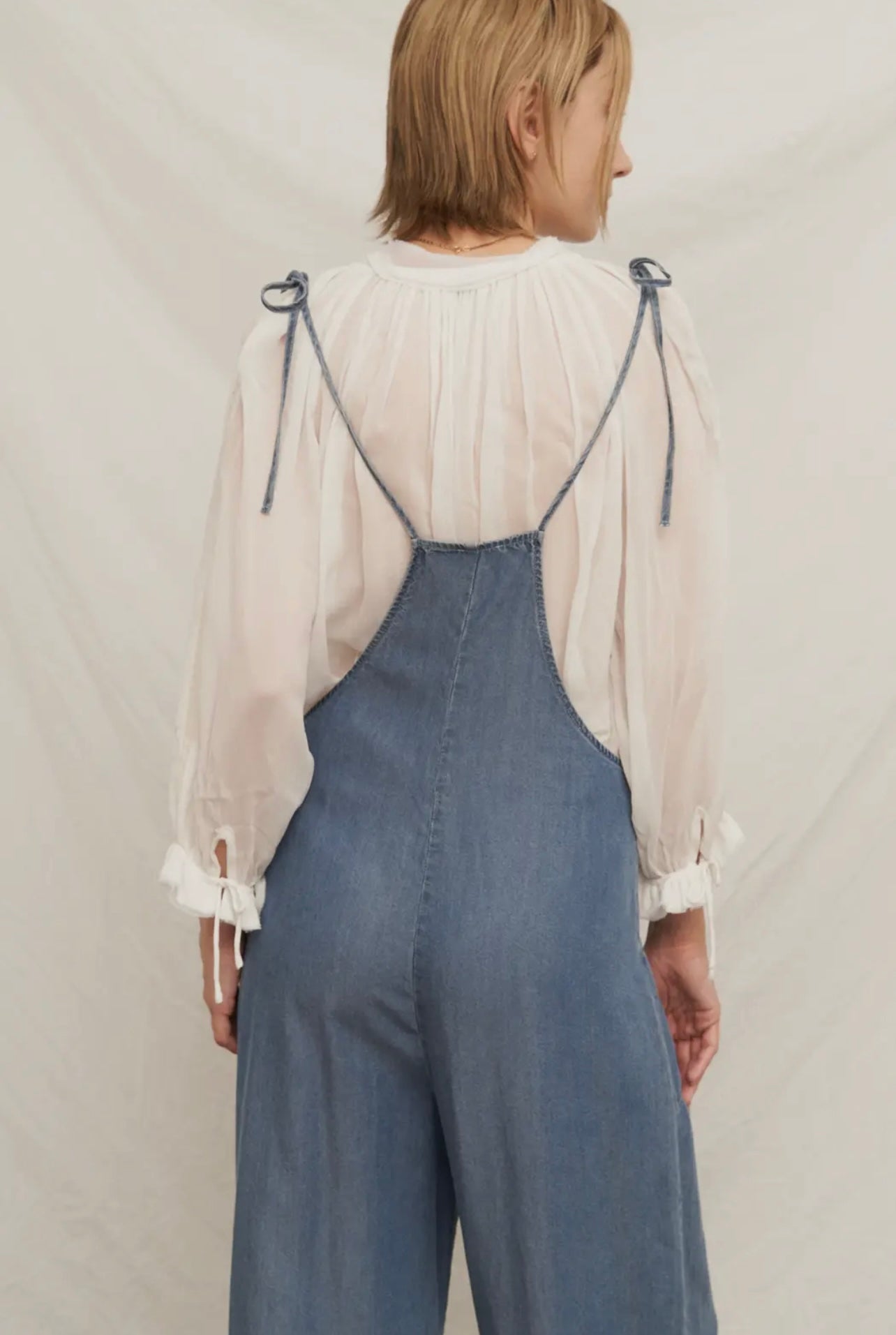 Sara Tie Shoulder Denim Romper