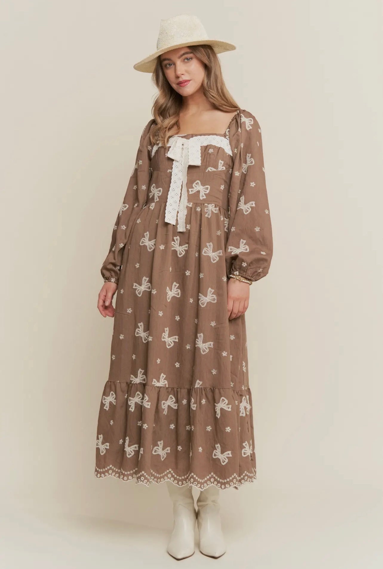 Autumn Embroidered Bow Maxi Dress
