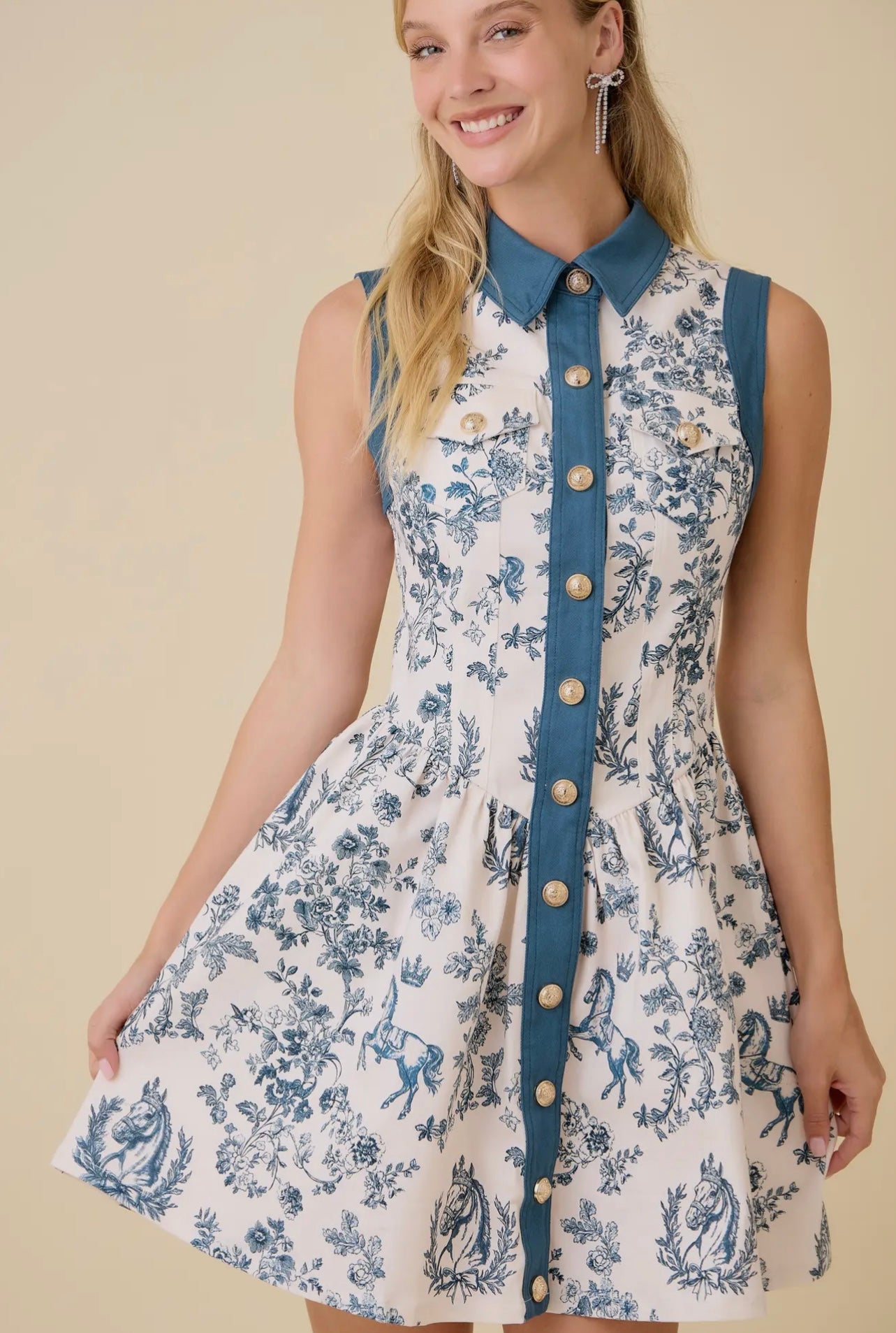 Taylor Vintage Horse Toile Print Denim Mini Dress