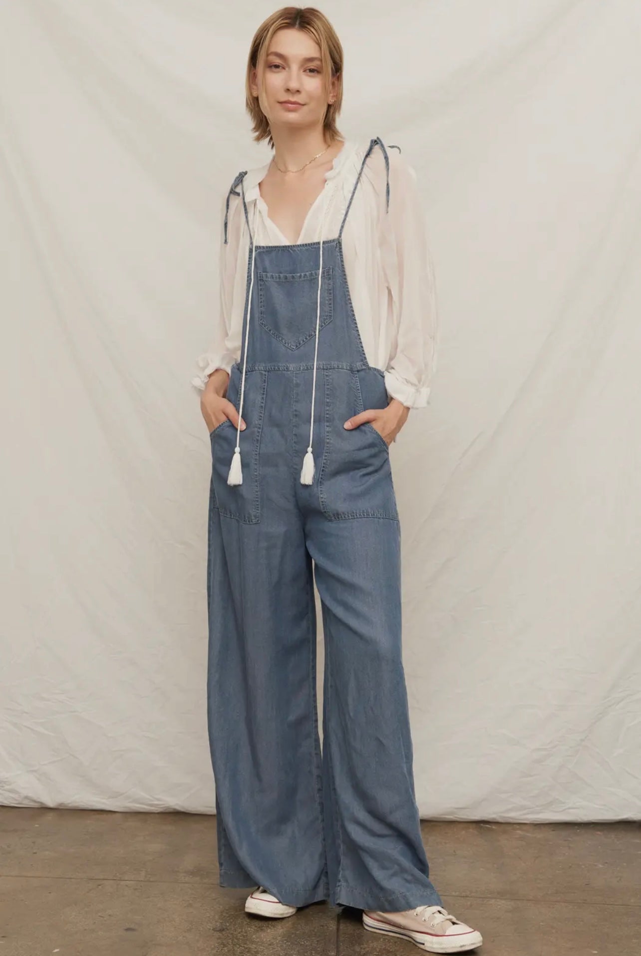 Sara Tie Shoulder Denim Romper