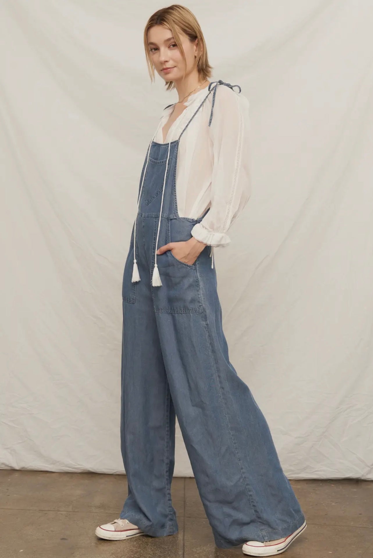Sara Tie Shoulder Denim Romper