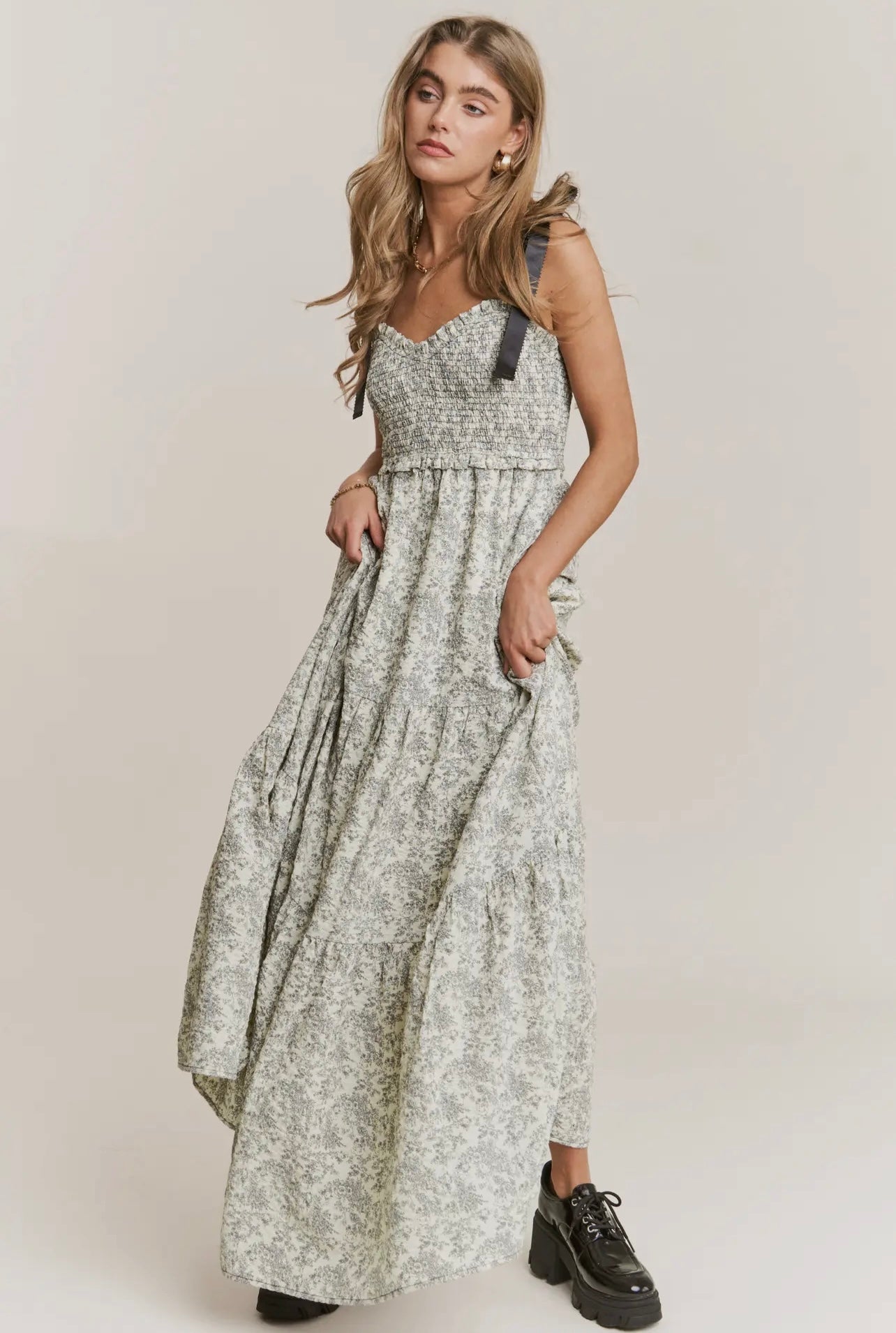 Lenora Black & Cream Floral Midi Dress
