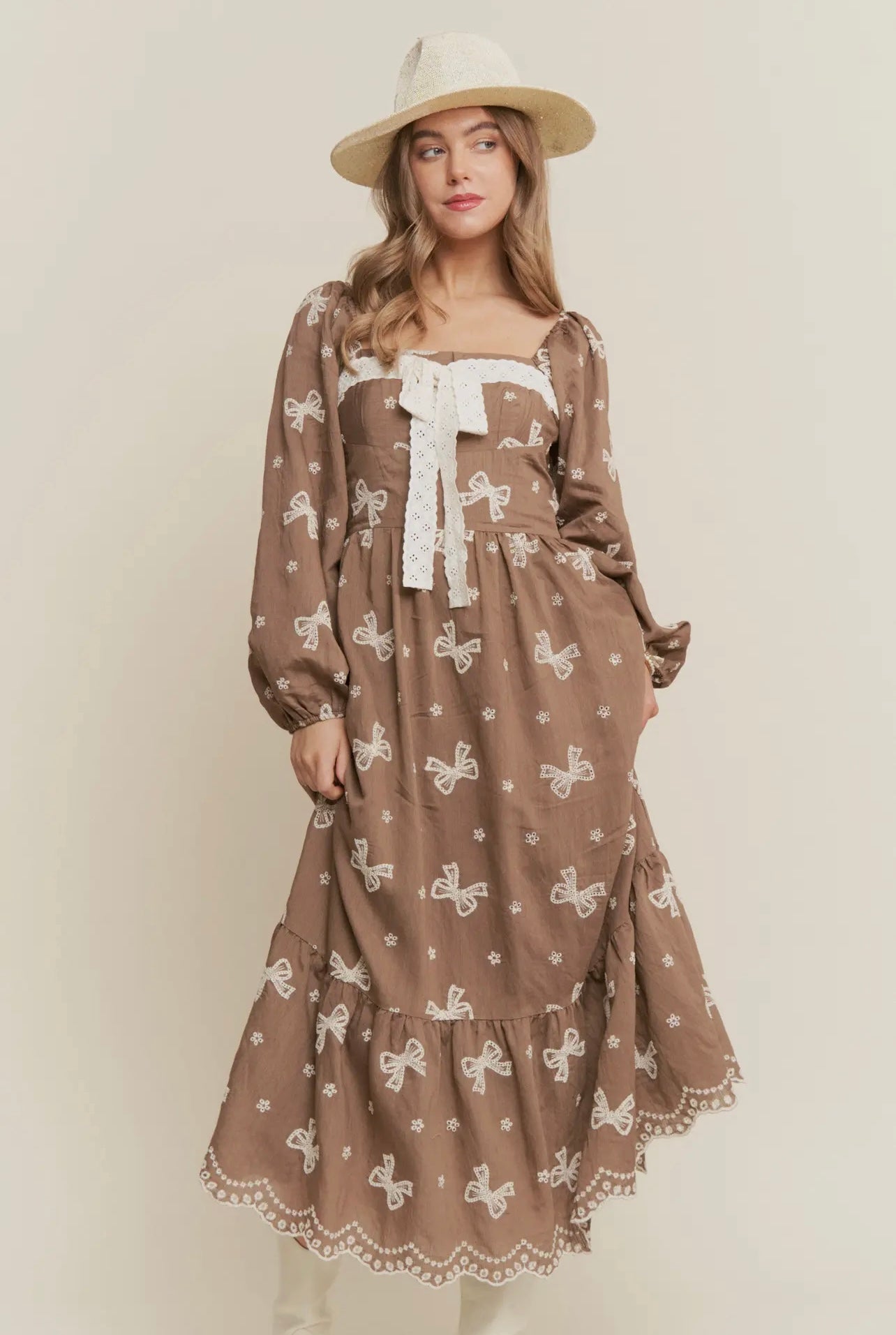 Autumn Embroidered Bow Maxi Dress