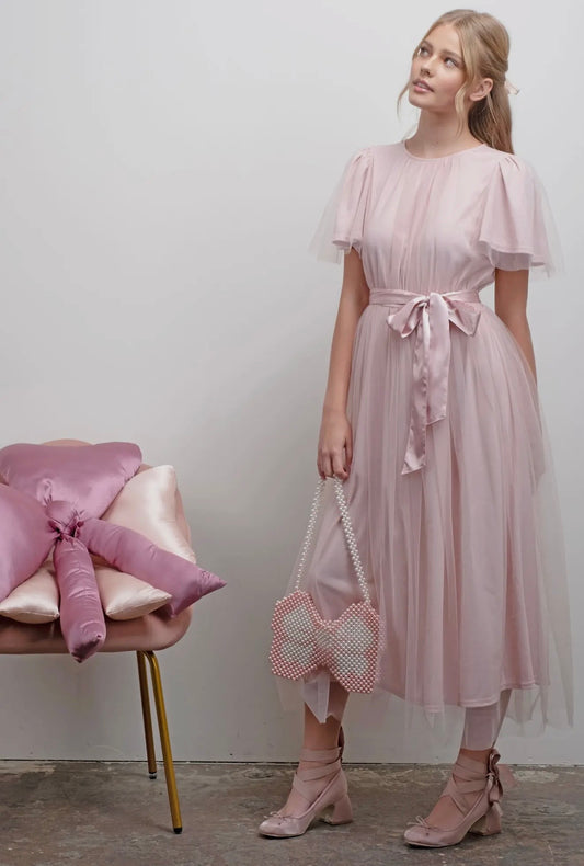 Misty Tulle Midi Dress with Self Tie