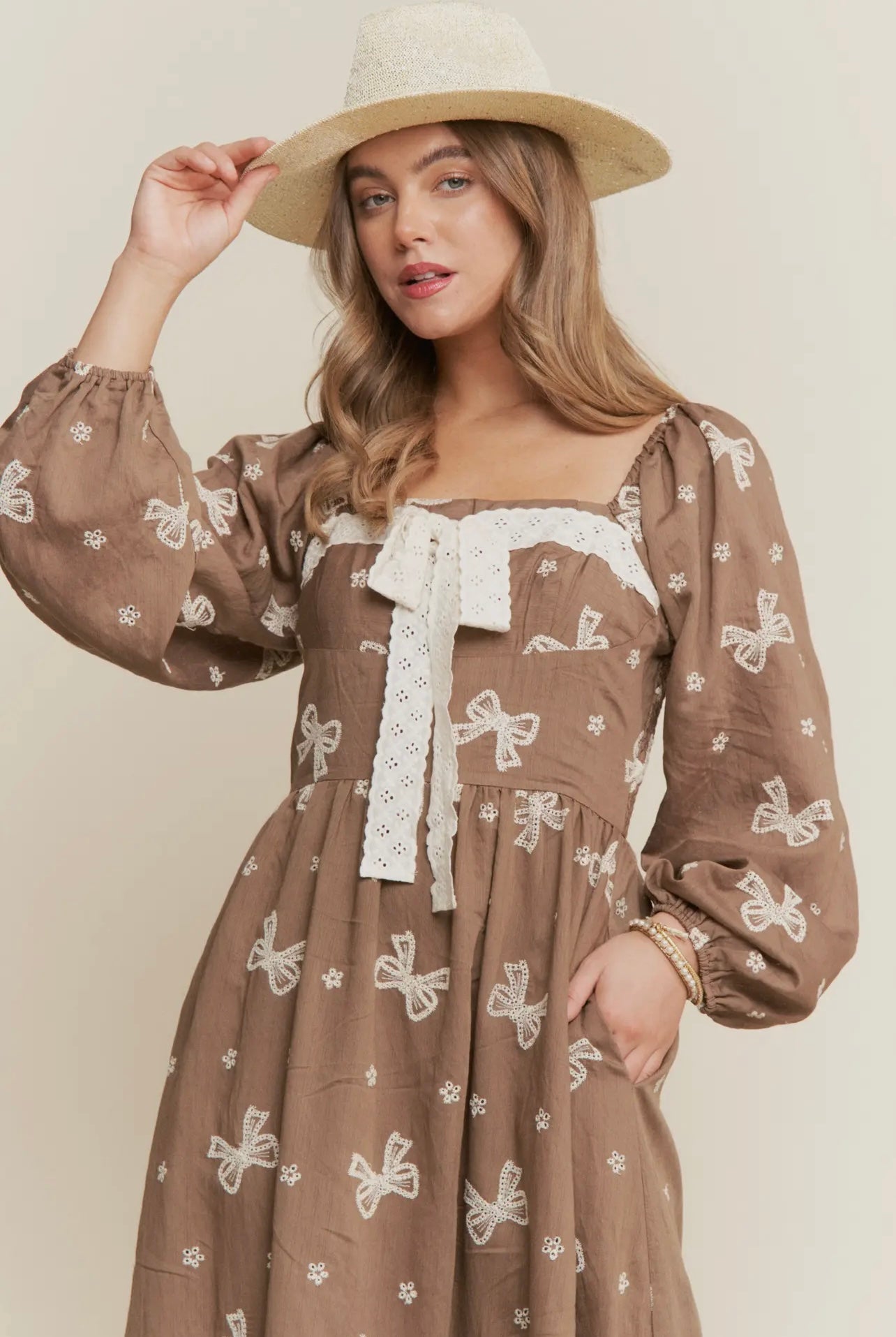 Autumn Embroidered Bow Maxi Dress