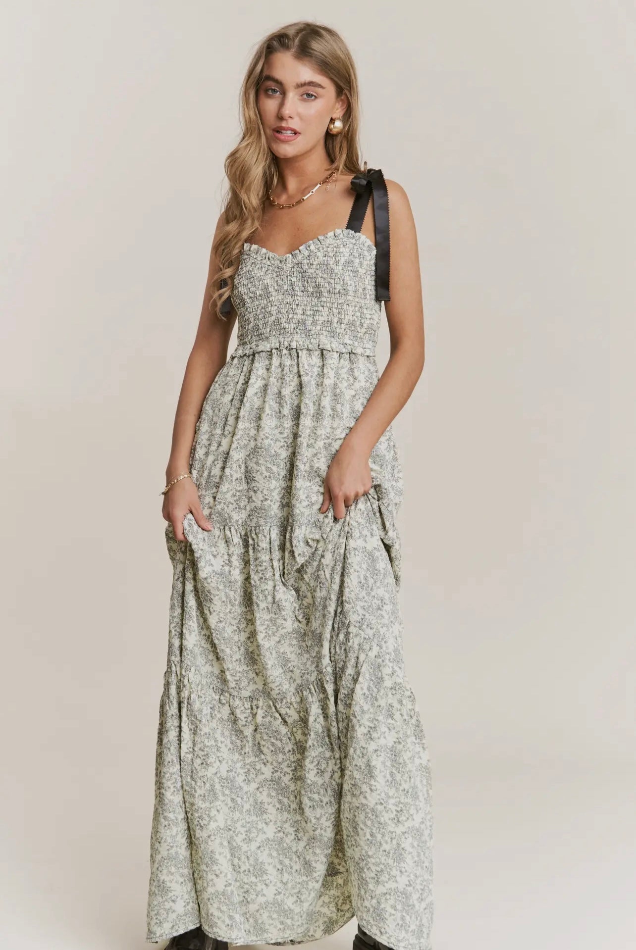 Lenora Black & Cream Floral Midi Dress