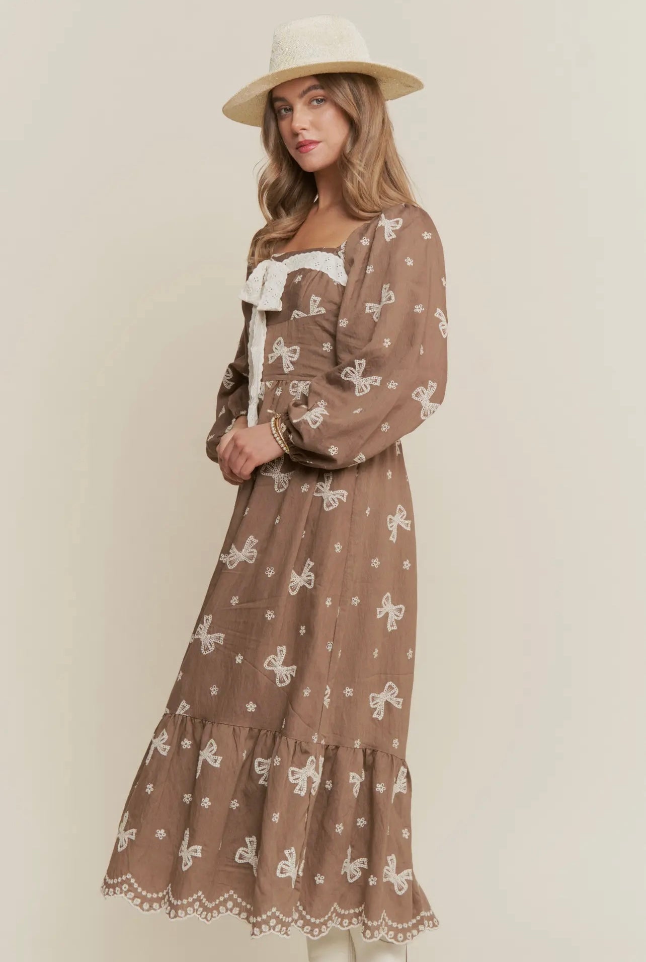 Autumn Embroidered Bow Maxi Dress