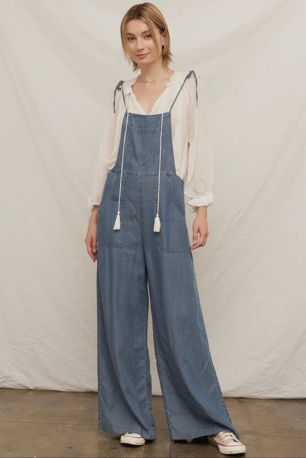Sara Tie Shoulder Denim Romper