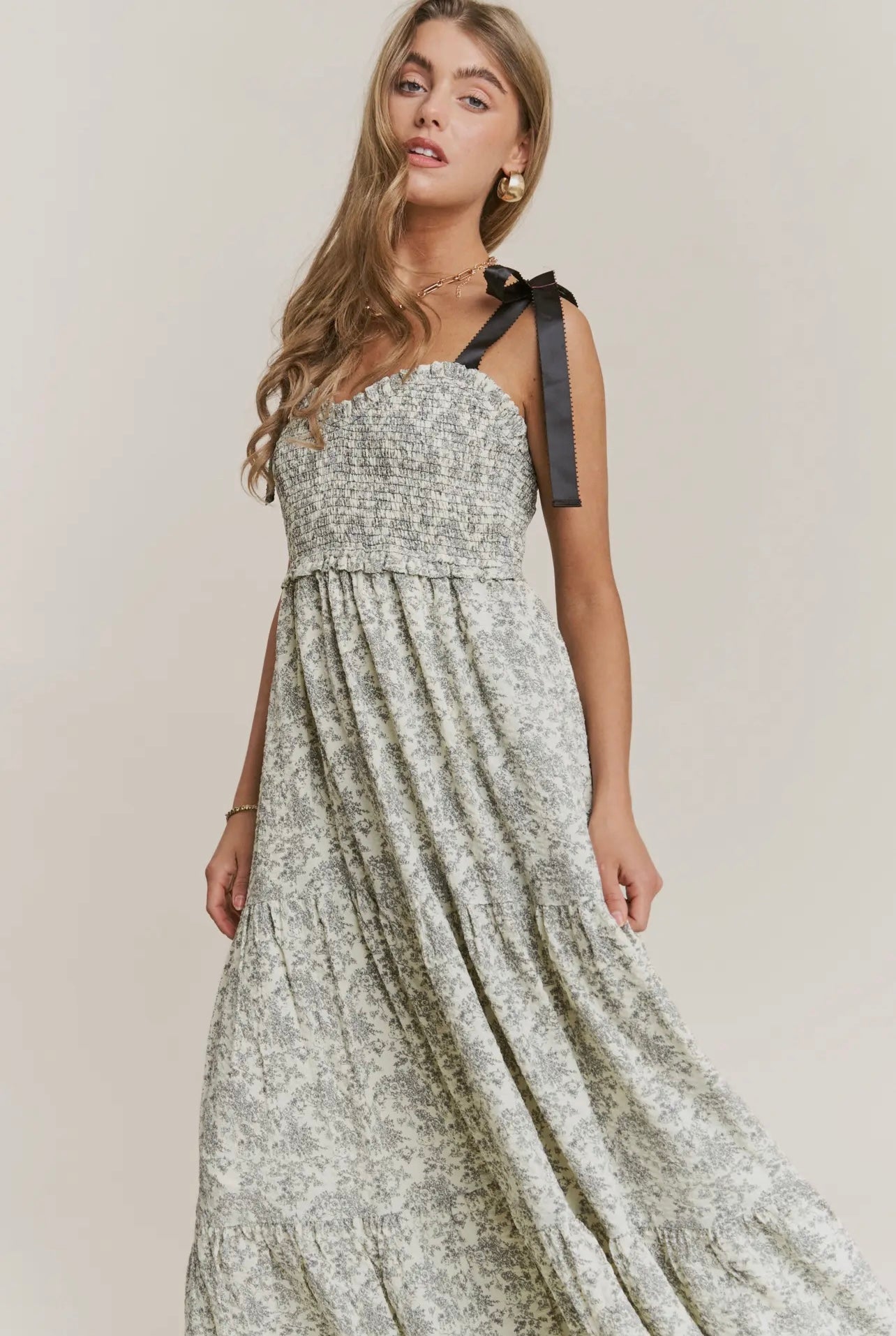 Lenora Black & Cream Floral Midi Dress