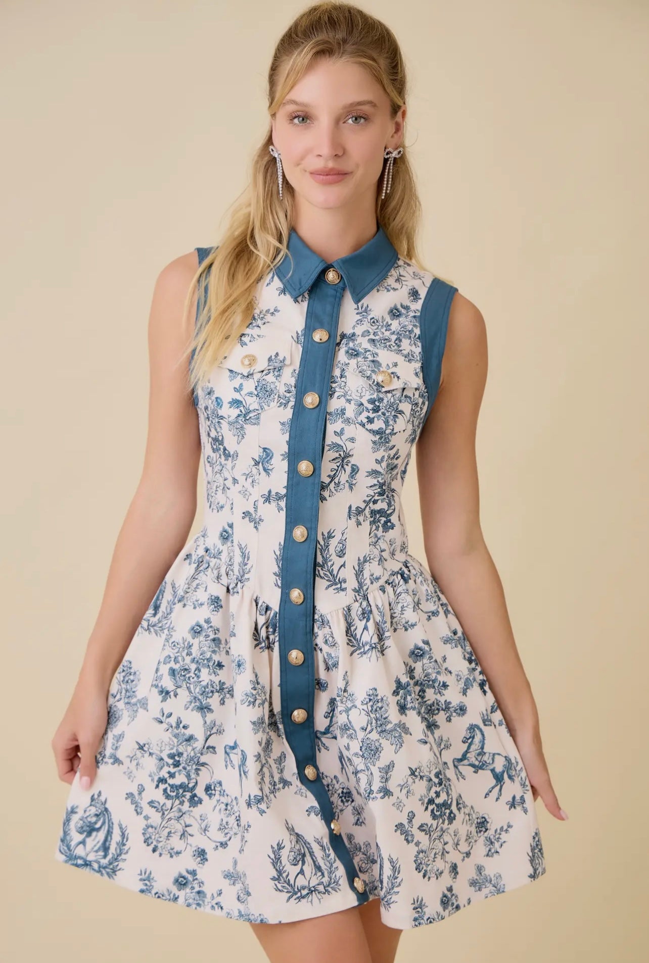 Taylor Vintage Horse Toile Print Denim Mini Dress