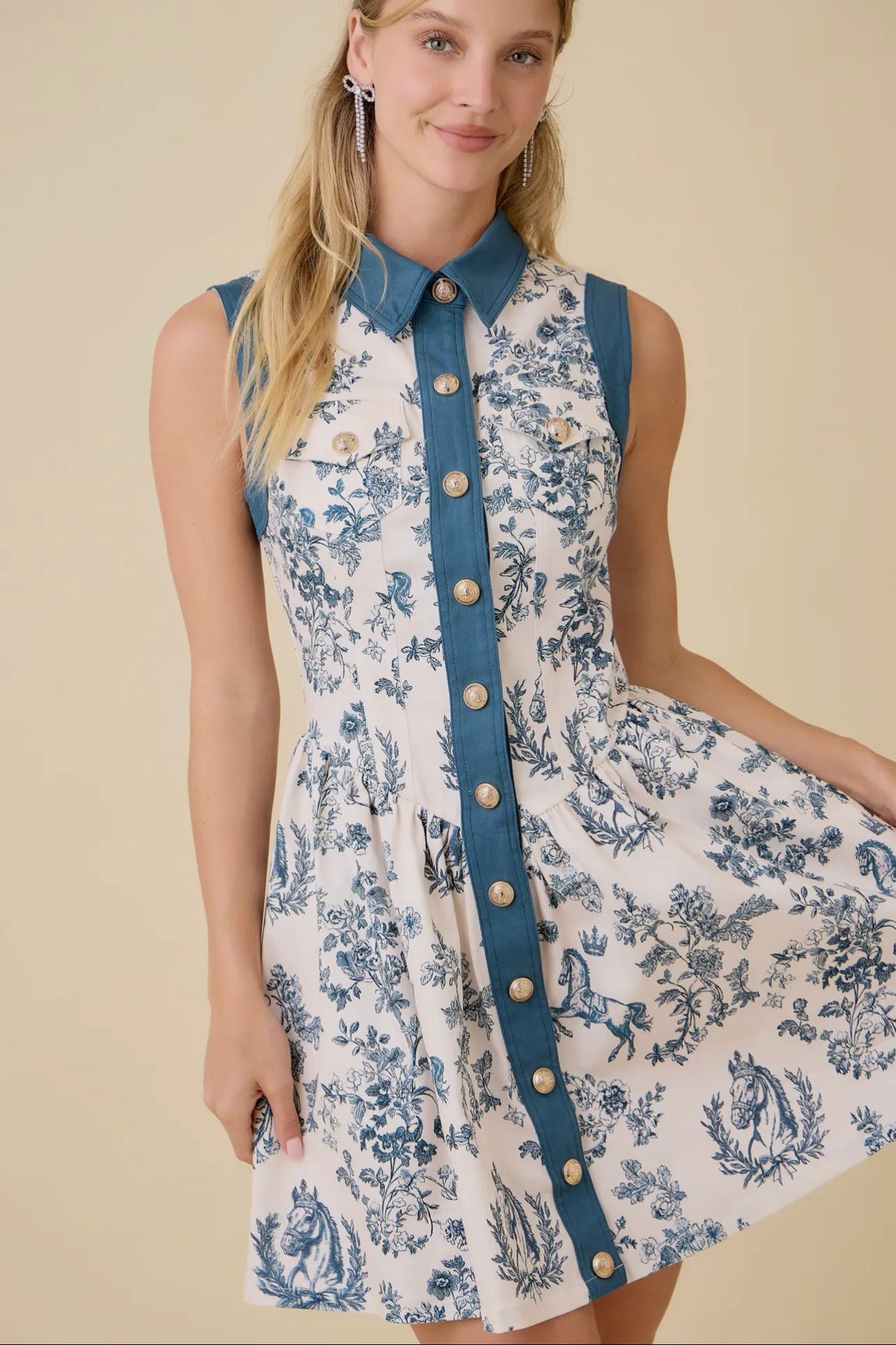 Taylor Vintage Horse Toile Print Denim Mini Dress