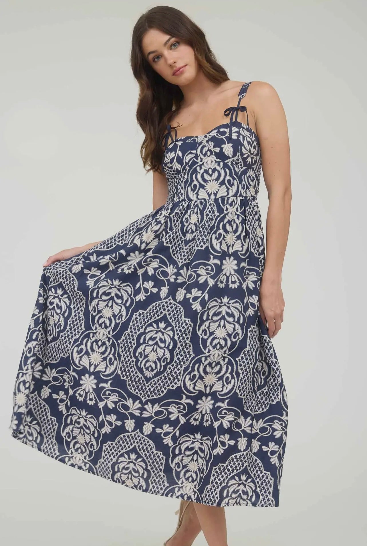 Olivia Bow Strap Midi Dress (Navy)