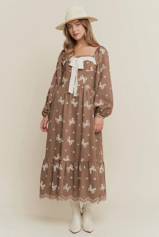 Autumn Embroidered Bow Maxi Dress