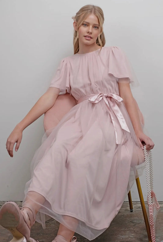 Misty Tulle Midi Dress with Self Tie
