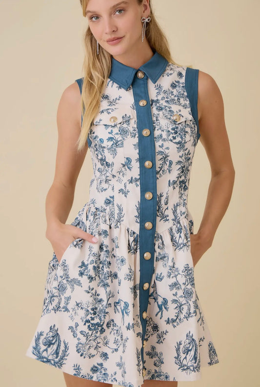Taylor Vintage Horse Toile Print Denim Mini Dress