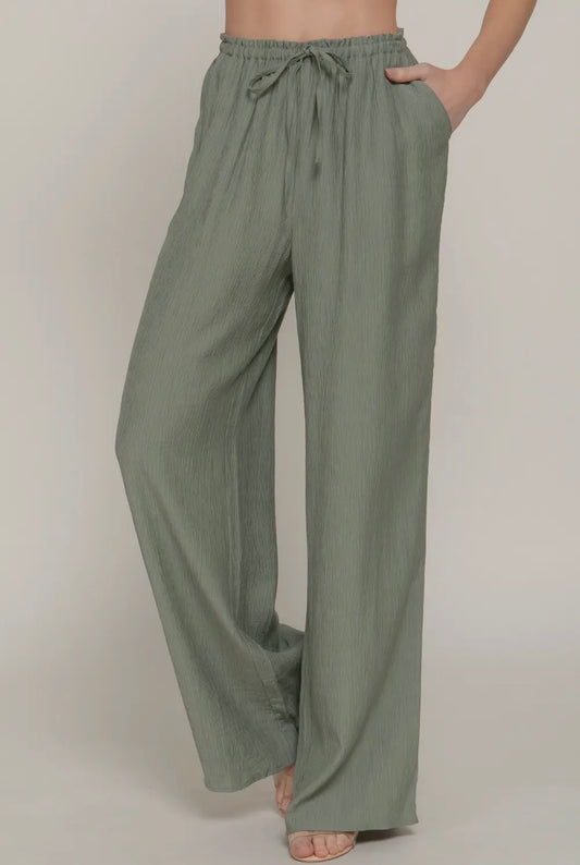 Ellie Pants with Elastic Waist & Adjustable String Ties (Sage)
