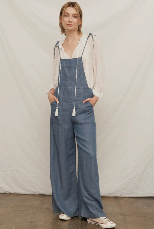 Sara Tie Shoulder Denim Romper