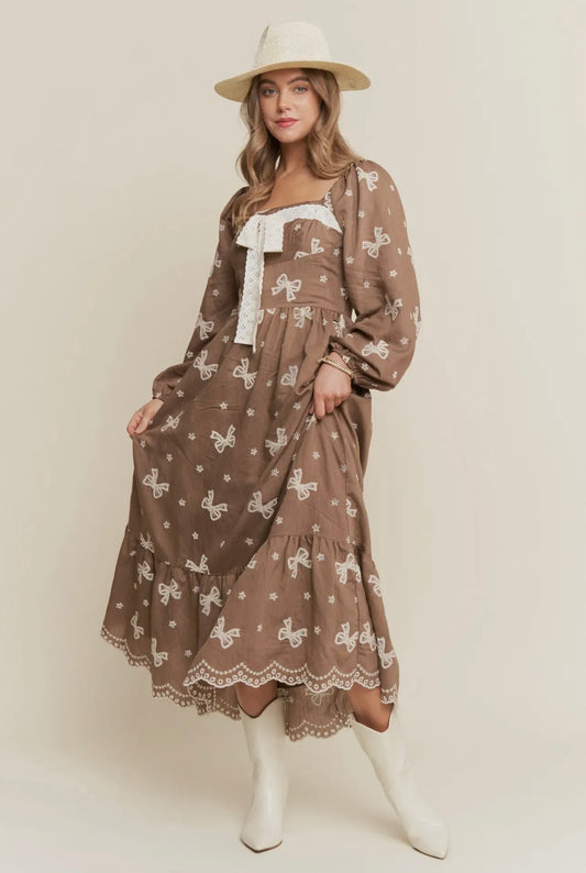 Autumn Embroidered Bow Maxi Dress